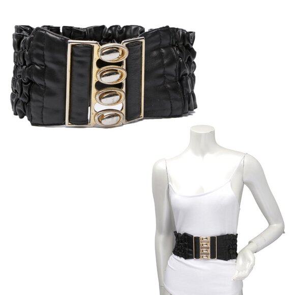 Vintage Vegan Faux Leather Ruffled Wide Cinch Belt Stretch Waist Black Gold - Picture 1 of 10